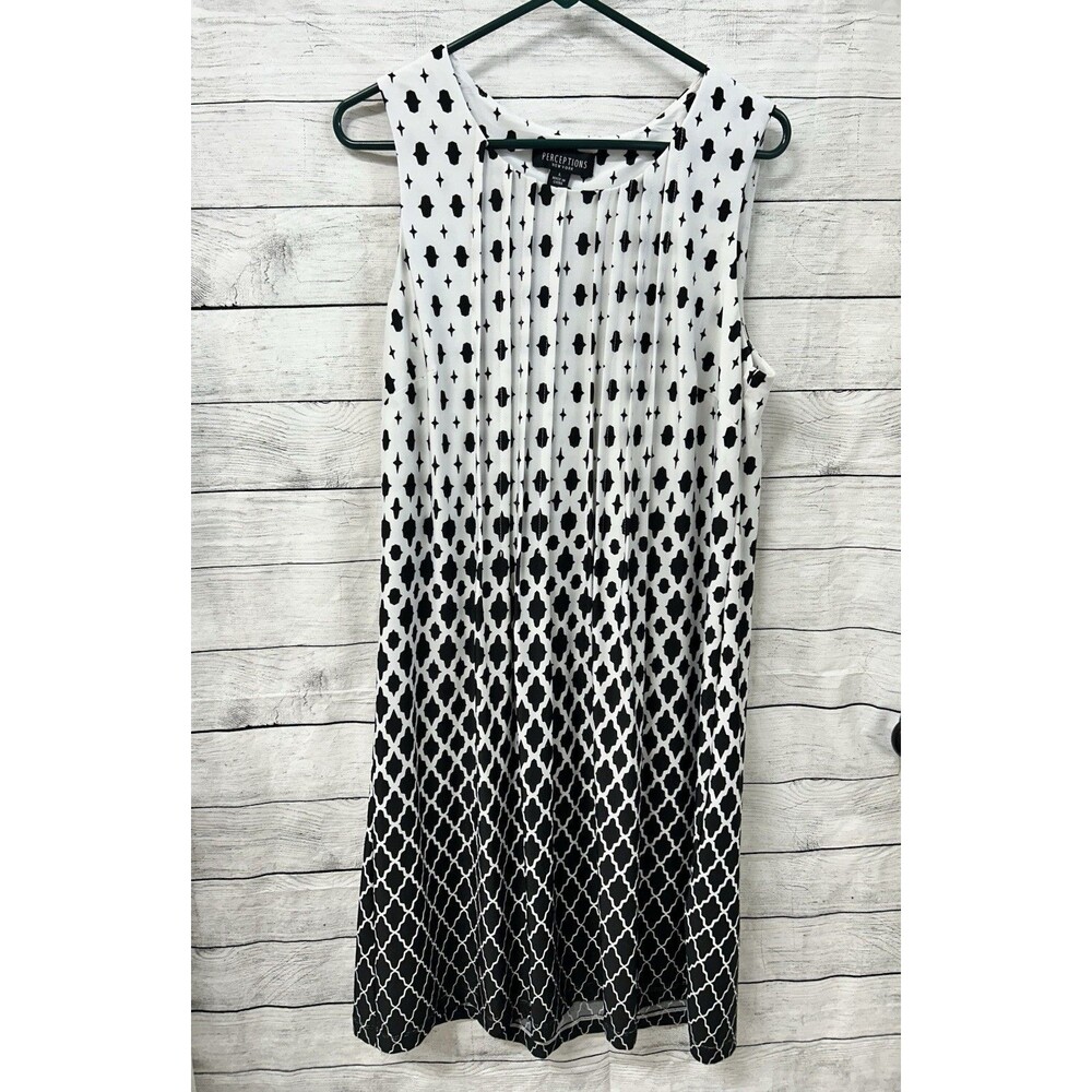 Perceptions NY Large Black White Geometric Ombre Dress Sleeveless Pleated